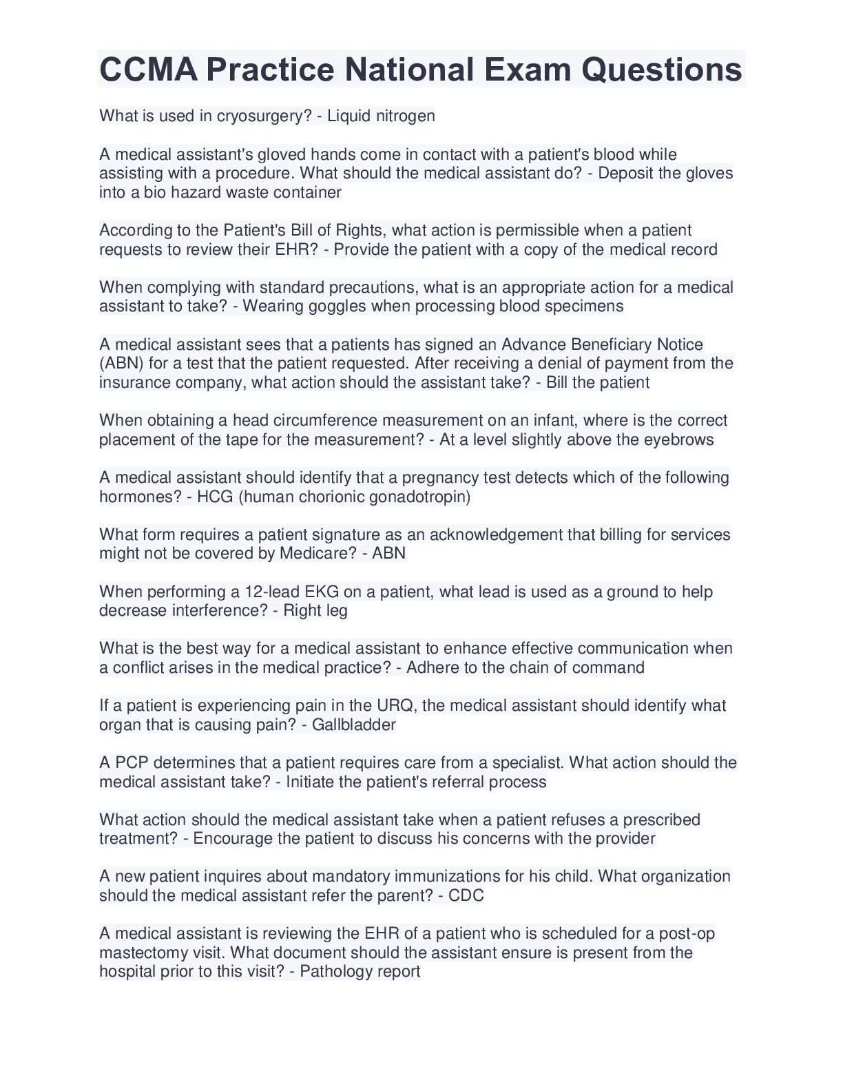 Preview image for CCMA Practice National Exam Questions